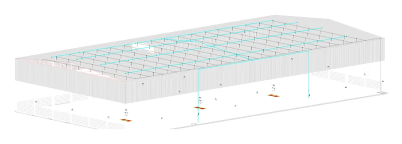 Isométrico do galpão de biodigestão com malha de sprinklers e prumadas do sistema de alarme