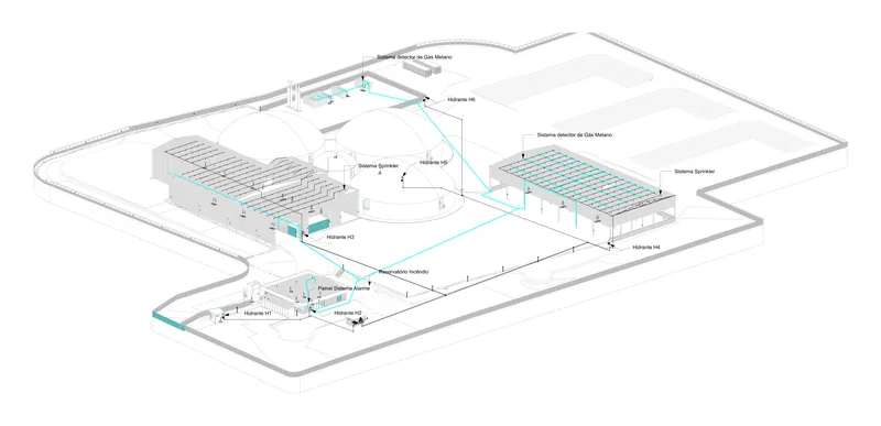 Vista isométrica da Usina RSU Ecoparque com rede de hidrantes, sprinklers, reservatório de incêndio e detectores de gás metano