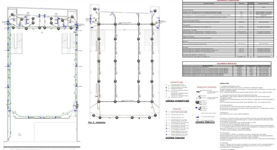 Planta de projeto elétrico com pontos de iluminação e tomadas